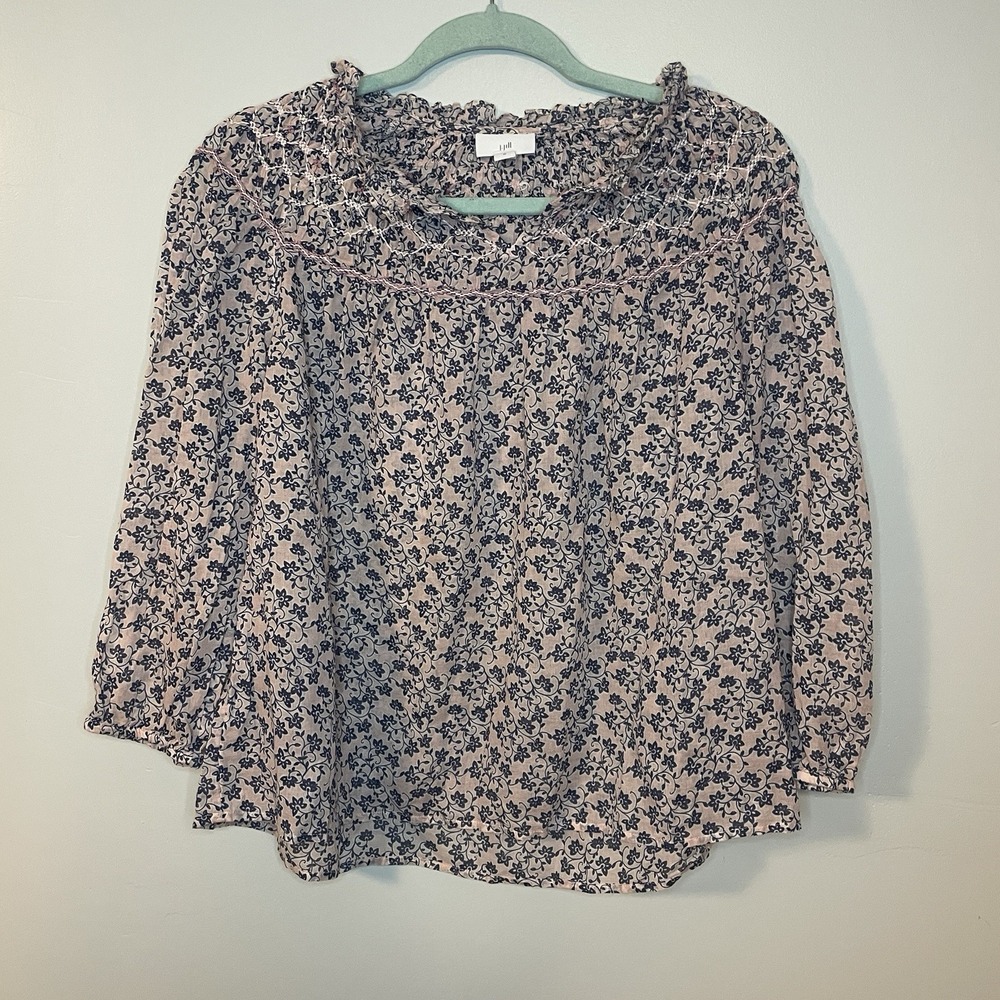 J. JILL Sz M Peasant‎ 100% Cotton Blouse Top Smocked Cottagecore Embroidered
